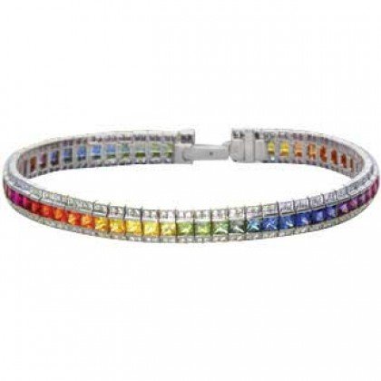 Rainbow Sapphire & Diamond Tennis Bracelet 14K White Gold (14ct tw) SKU: 1612-14K-WG