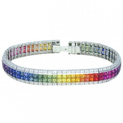 Rainbow Sapphire & Diamond Double Row Invisible Set Tennis Bracelet 18K WG (27ct tw) SKU: 471-18K-WG
