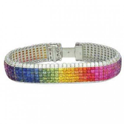 Rainbow Sapphire & Diamond Invisible Set 5 Row Tennis Bracelet 18K WG (66.32ctw) SKU: 467-18K-WG