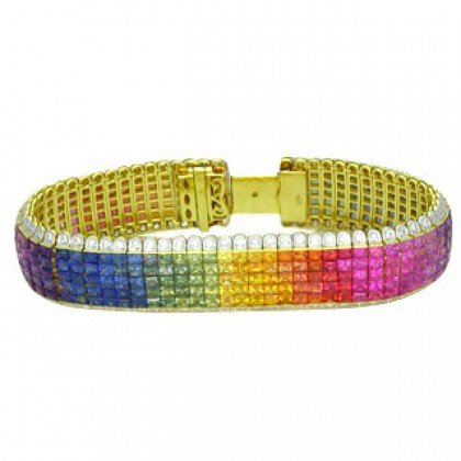 Rainbow Sapphire & Diamond Invisible Set 5 Row Tennis Bracelet 18K YG (66.32ctw) SKU: 467-18K-YG