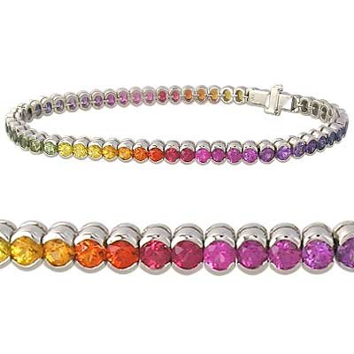 Rainbow Sapphire Bezel Set Tennis Bracelet 14K White Gold (14ct tw) SKU: 1571-14K-WG