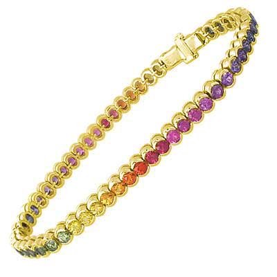 Rainbow Sapphire Bezel Set Tennis Bracelet 18K Yellow Gold (14ct tw) SKU: 1571-18K-YG