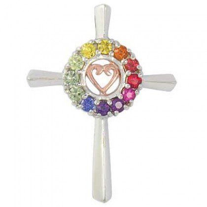 Rainbow Sapphire Heart Crucifix Religious Pendant 14K White Gold (0.6ct tw) SKU: 1573-14K-WG