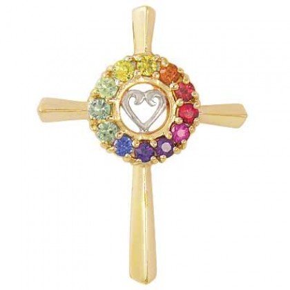 Rainbow Sapphire Heart Crucifix Religious Pendant 14K Yellow Gold (0.6ct tw) SKU: 1573-14K-YG