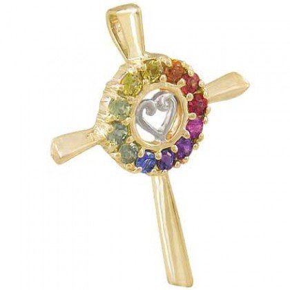 Rainbow Sapphire Heart Crucifix Religious Pendant 18K Yellow Gold (0.6ct tw) SKU: 1573-18K-YG
