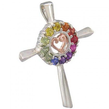 Rainbow Sapphire Heart Crucifix Religious Pendant 18K White Gold (0.6ct tw) SKU: 1573-18K-WG