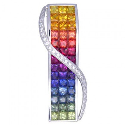 Rainbow Sapphire & Diamond Invisible Set Pendant 18K White Gold (8.28ct tw) SKU: 472-18K-WG