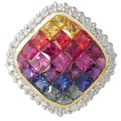 Rainbow Sapphire & Diamond Invisible Square Pendant 14K Yellow Gold (2.92ct tw) SKU: 429-14K-YG