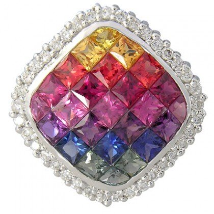 Rainbow Sapphire & Diamond Invisible Square Pendant 14K White Gold (2.92ct tw) SKU: 429-14K-WG