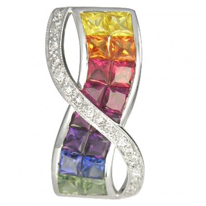 Rainbow Sapphire & Diamond Pendant Invisible Set Double Row 14K WG (3.1ct tw) SKU: 718-14K-YG