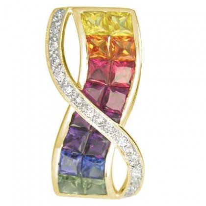 Rainbow Sapphire & Diamond Pendant Invisible Set Double Row 14K YG (3.1ct tw) SKU: 718-14K-YG