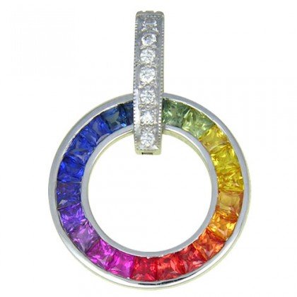 Rainbow Sapphire & Diamond Round Slide Pendant 14K White Gold (2.48ct tw) SKU: 432-14K-WG