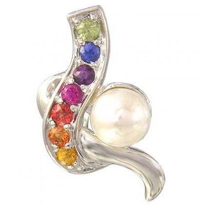 Rainbow Sapphire & Pearl Classic Pendant 14K White Gold (1/4ct tw) SKU: 1606-14K-WG