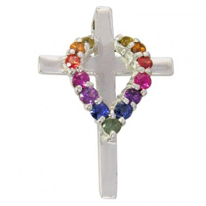 Rainbow Sapphire Heart on Cross Pendant 925 Sterling Silver (3/4ct tw) SKU: 1463-925