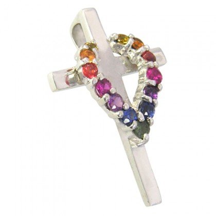 Rainbow Sapphire Heart on Cross Pendant 18K White Gold (3/4ct tw) SKU: 1463-18K-WG