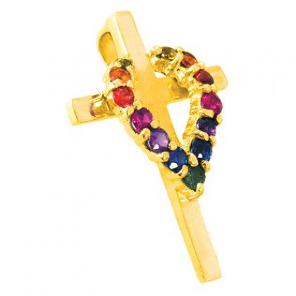 Rainbow Sapphire Heart on Cross Pendant 18K Yellow Gold (3/4ct tw) SKU: 1463-18K-YG