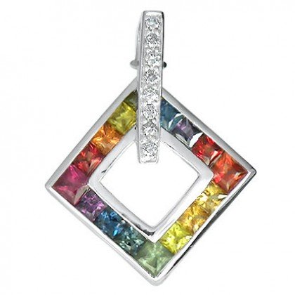 Rainbow Sapphire & Diamond Large Square Pendant 14K White Gold (1.37ct tw) SKU: 431-14K-WG