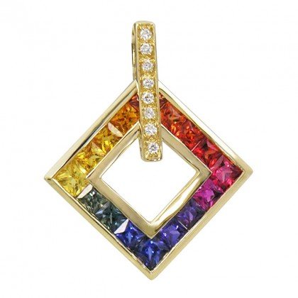 Rainbow Sapphire & Diamond Large Square Pendant 14K Yellow Gold (1.37ct tw) SKU: 431-14K-YG