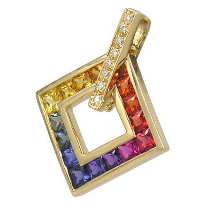 Rainbow Sapphire & Diamond Large Square Pendant 18K Yellow Gold (1.37ct tw) SKU: 431-18K-YG