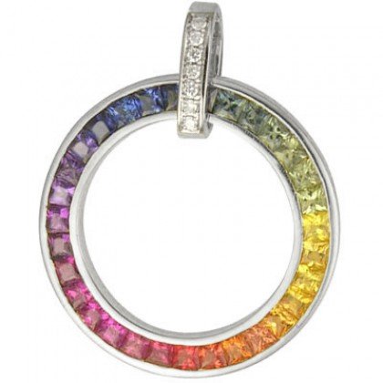 Rainbow Sapphire & Diamond Large Circle Pendant 14K White Gold (3.54ct tw) SKU: 1070-14K-WG