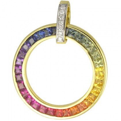 Rainbow Sapphire & Diamond Large Circle Pendant 14K Yellow Gold (3.54ct tw) SKU: 1070-14K-YG