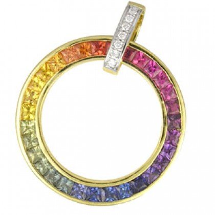 Rainbow Sapphire & Diamond Large Circle Pendant 18K Yellow Gold (3.54ct tw) SKU: 1070-18K-YG