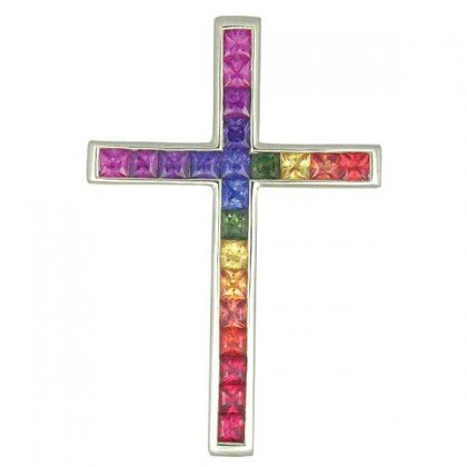 Rainbow Sapphire Religious Crucifix Cross Pendant 14K White Gold (5ct tw) SKU: 438-14K-WG