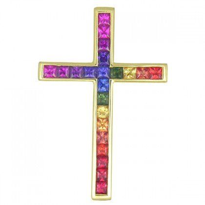 Rainbow Sapphire Religious Crucifix Cross Pendant 14K Yellow Gold (5ct tw) SKU: 438-14K-YG
