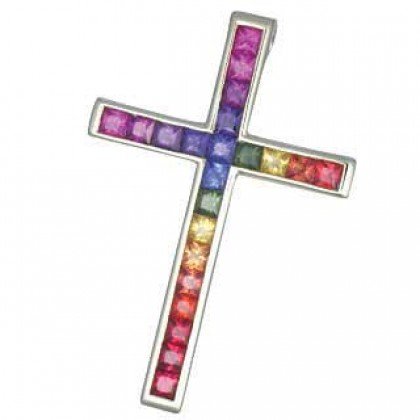 Rainbow Sapphire Religious Crucifix Cross Pendant 18K White Gold (5ct tw) SKU: 438-18K-WG