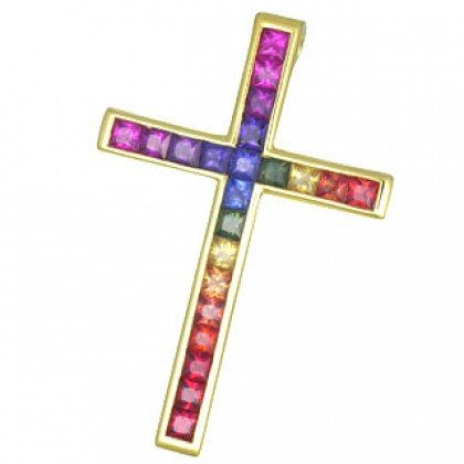 Rainbow Sapphire Religious Crucifix Cross Pendant 18K Yellow Gold (5ct tw) SKU: 438-18K-YG