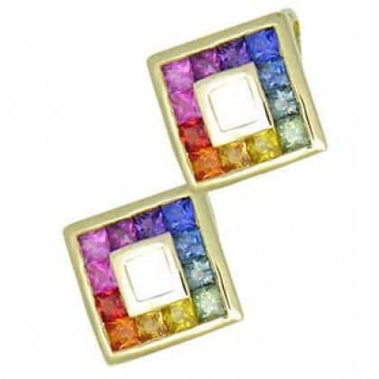 Rainbow Sapphire Double Small Square Pendant 18K Yellow Gold (1.5ct tw) SKU: 525-18K-YG