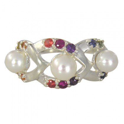 Rainbow Sapphire & Pearl Antique Style Ring 925 Sterling Silver (1/2ct tw) SKU: 1464-925