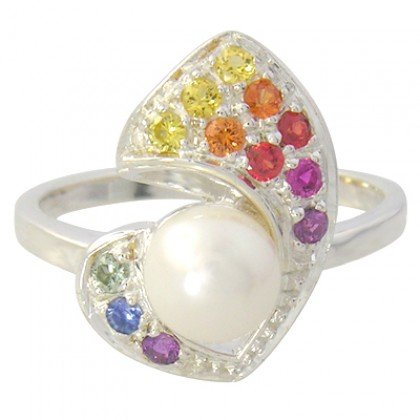 Rainbow Sapphire & Pearl Majestic Queens Ring 925 Sterling Silver (1/2ct tw) SKU: 1467-925
