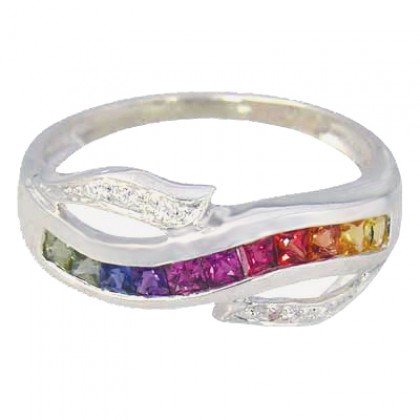 Rainbow Sapphire & Diamond Classic Twist Ring 14K White Gold (0.69ct tw) SKU: 1456-14K-WG