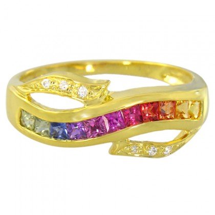 Rainbow Sapphire & Diamond Classic Twist Ring 14K Yellow Gold (0.69ct tw) SKU: 1456-14K-YG