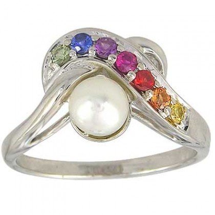 Multicolor Rainbow Sapphire & Pearl Classic Ring 925 Sterling Silver (1/4ct tw) SKU: 1604-925