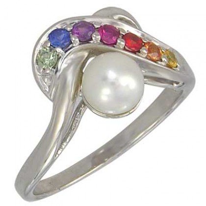 Multicolor Rainbow Sapphire & Pearl Classic Ring 14K White Gold (1/4ct tw) SKU: 1604-14K-WG