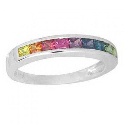 Multicolor Rainbow Sapphire Half Eternity Band Ring 14K White Gold (1ct tw) SKU: 892-14K-WG