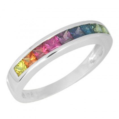Multicolor Rainbow Sapphire Half Eternity Band Ring 18K White Gold (1ct tw) SKU: 892-18K-WG