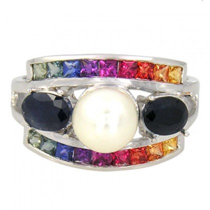 Rainbow Sapphire & Pearl with Blue Sapphire Cluster Ring 925 Sterling Silver (3ct tw) SKU: 1429-925