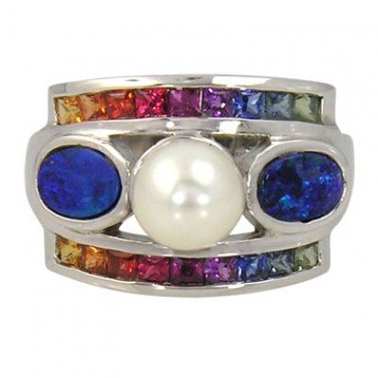 Rainbow Sapphire & Pearl with Australian Opal Ring 925 Sterling Silver (2.85ct tw) SKU: 1431-925