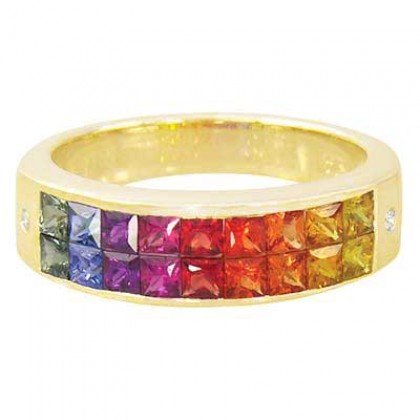 Multicolor Rainbow Sapphire & Diamond Invisible Set Ring 14K Yellow Gold (2.02ct tw) SKU: 435-14K-YG