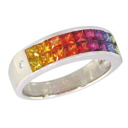Multicolor Rainbow Sapphire & Diamond Invisible Set Ring 18K White Gold (2.02ct tw) SKU: 435-18K-WG