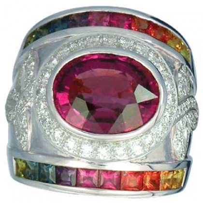 Rainbow Sapphire & Tourmaline With Diamond Ring 18K White Gold (6.87ct tw) SKU: 444-18K-WG
