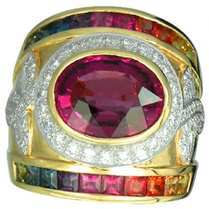 Rainbow Sapphire & Tourmaline With Diamond Ring 18K Yellow Gold (6.87ct tw) SKU: 444-18K-YG