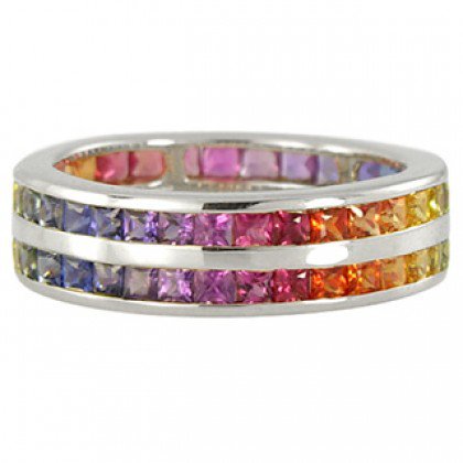 Multicolor Rainbow Sapphire Double Row Eternity Ring 14K White Gold (11ct tw) SKU: 459-14K-WG