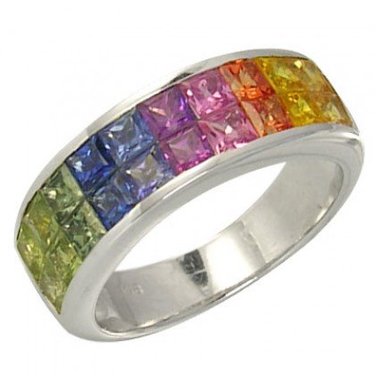 Multicolor Rainbow Sapphire Ring Invisible Set 18K White Gold (3.4ct tw) SKU: 1125-18K-WG