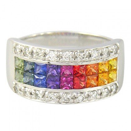 Rainbow Sapphire & Diamond Invisible Set Band Ring 14K White Gold (2.25ct tw) SKU: 1494-14K-WG