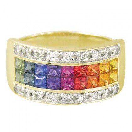 Rainbow Sapphire & Diamond Invisible Set Band Ring 14K Yellow Gold (2.25ct tw) SKU: 1494-14K-YG