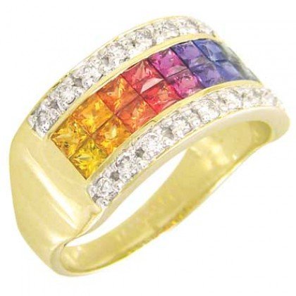 Rainbow Sapphire & Diamond Invisible Set Band Ring 18K Yellow Gold (2.25ct tw) SKU: 1494-18K-YG